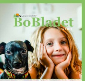 Framsida på BoBladet med en flicka och en hund