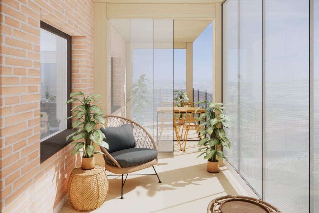 Illustration på en balkong med möbler